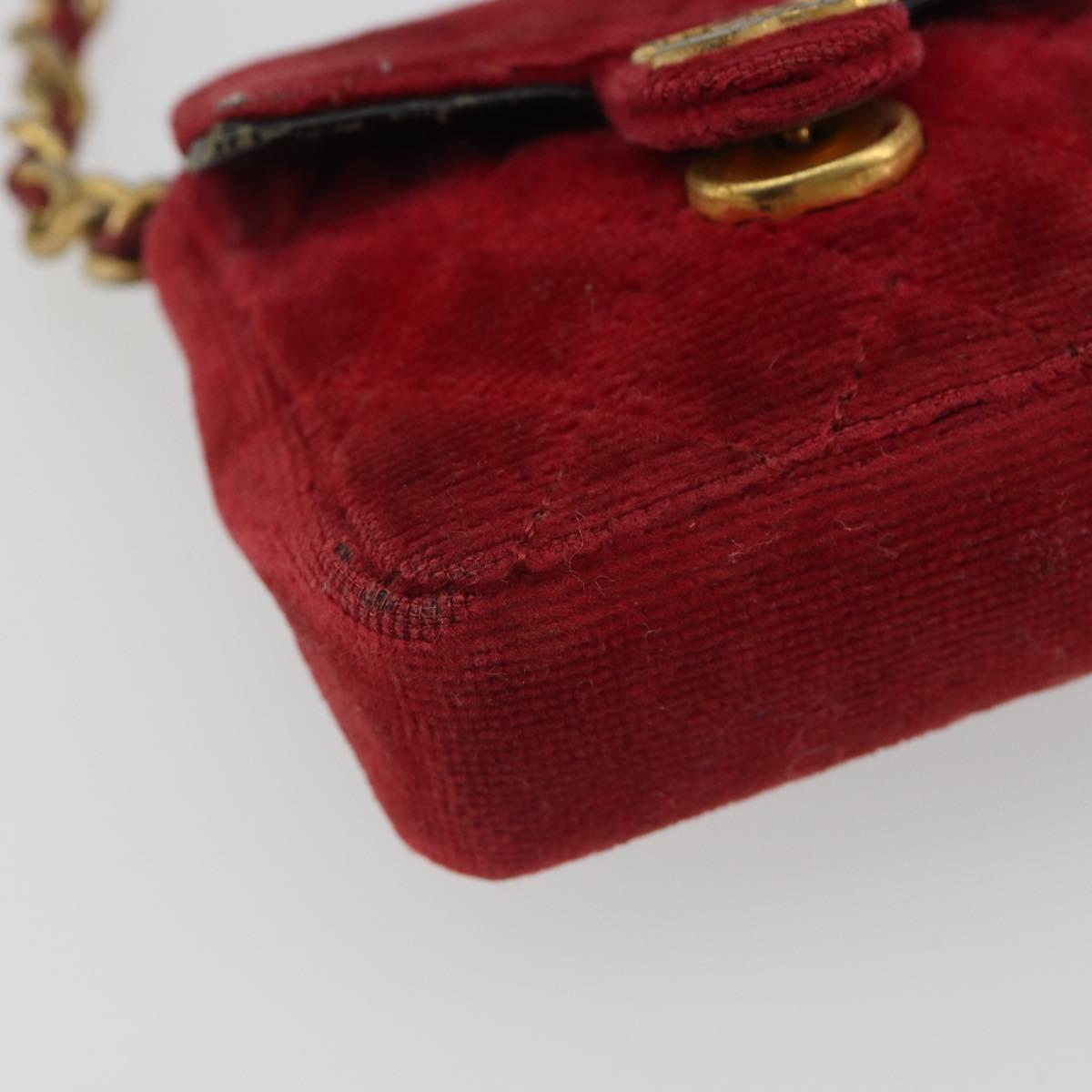 CHANEL Mini Mini Matelasse 7 Chain Shoulder Pouch Velor Red Gold CC Auth 189515