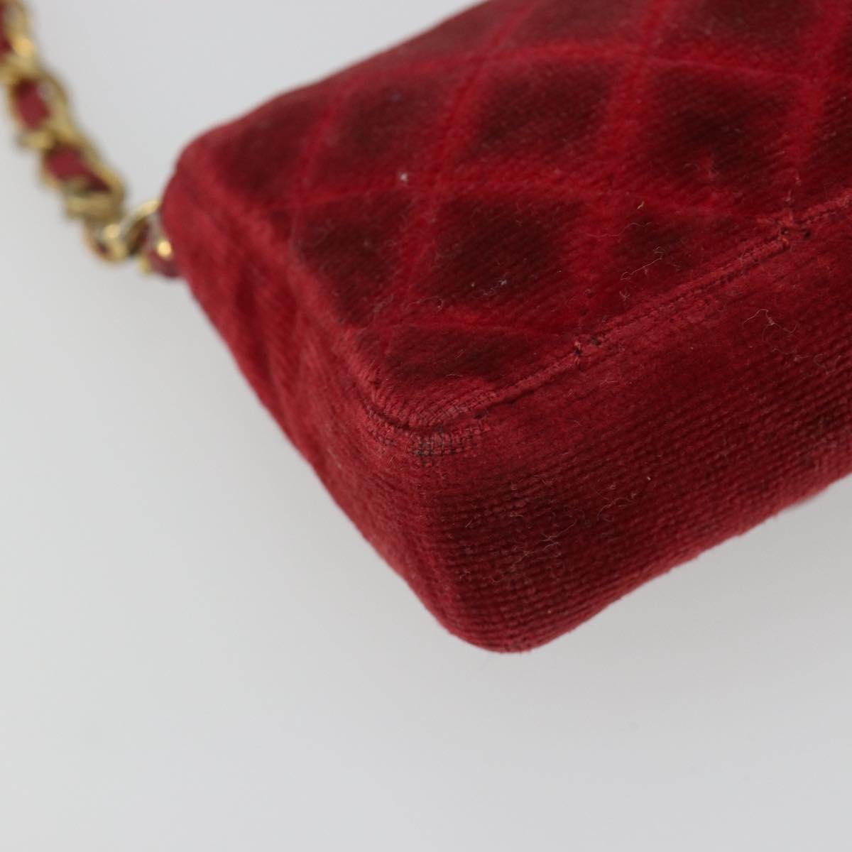 CHANEL Mini Mini Matelasse 7 Chain Shoulder Pouch Velor Red Gold CC Auth 189515