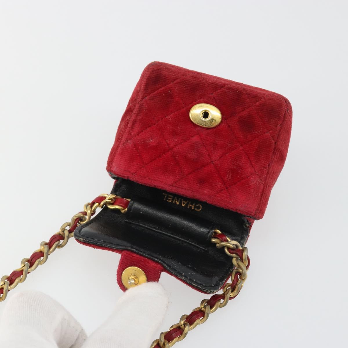 CHANEL Mini Mini Matelasse 7 Chain Shoulder Pouch Velor Red Gold CC Auth 189515