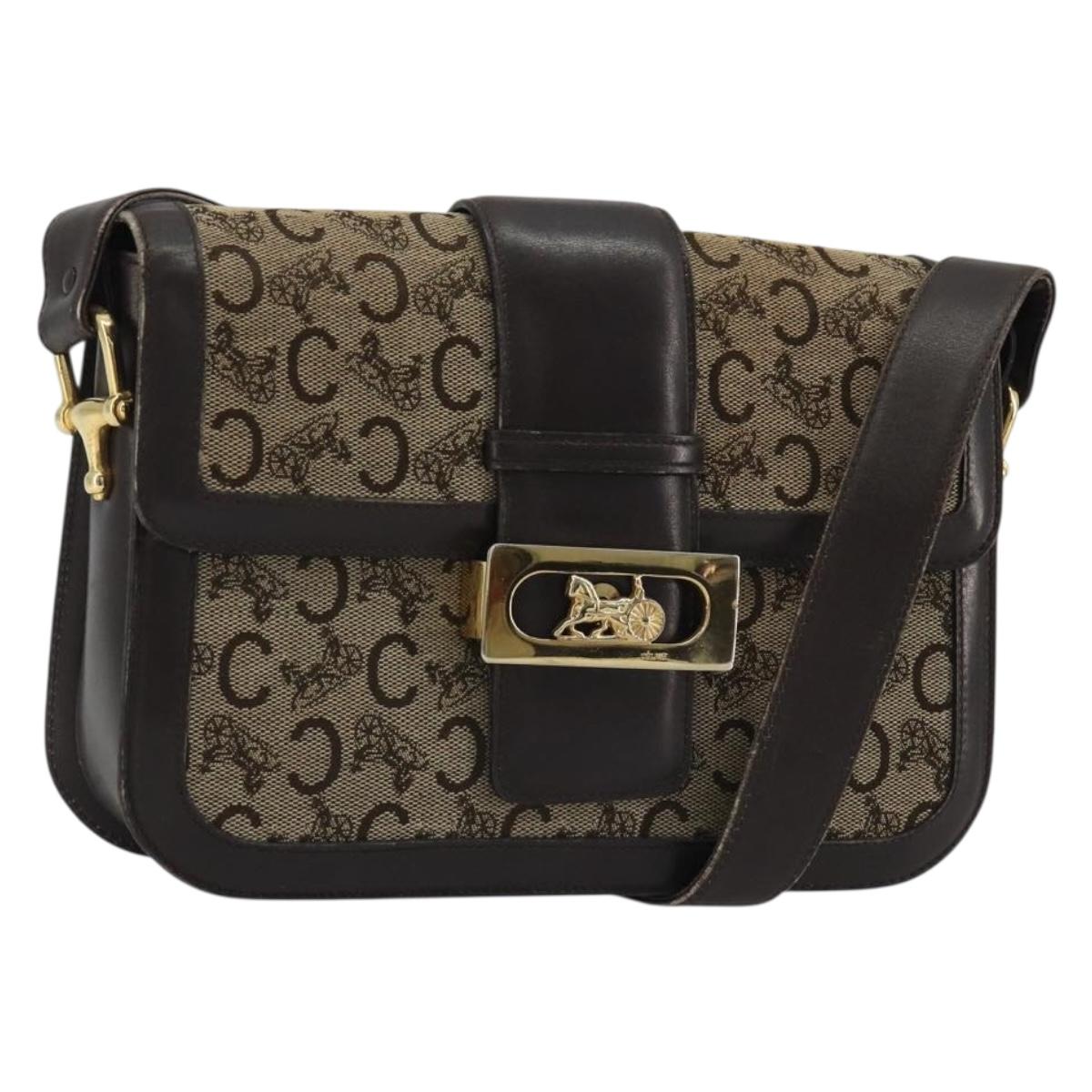 CELINE C Sulky Horse Carriage Shoulder Bag Canvas Beige Gold Auth 189540A