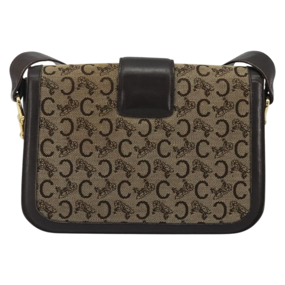 CELINE C Sulky Horse Carriage Shoulder Bag Canvas Beige Gold Auth 189540A