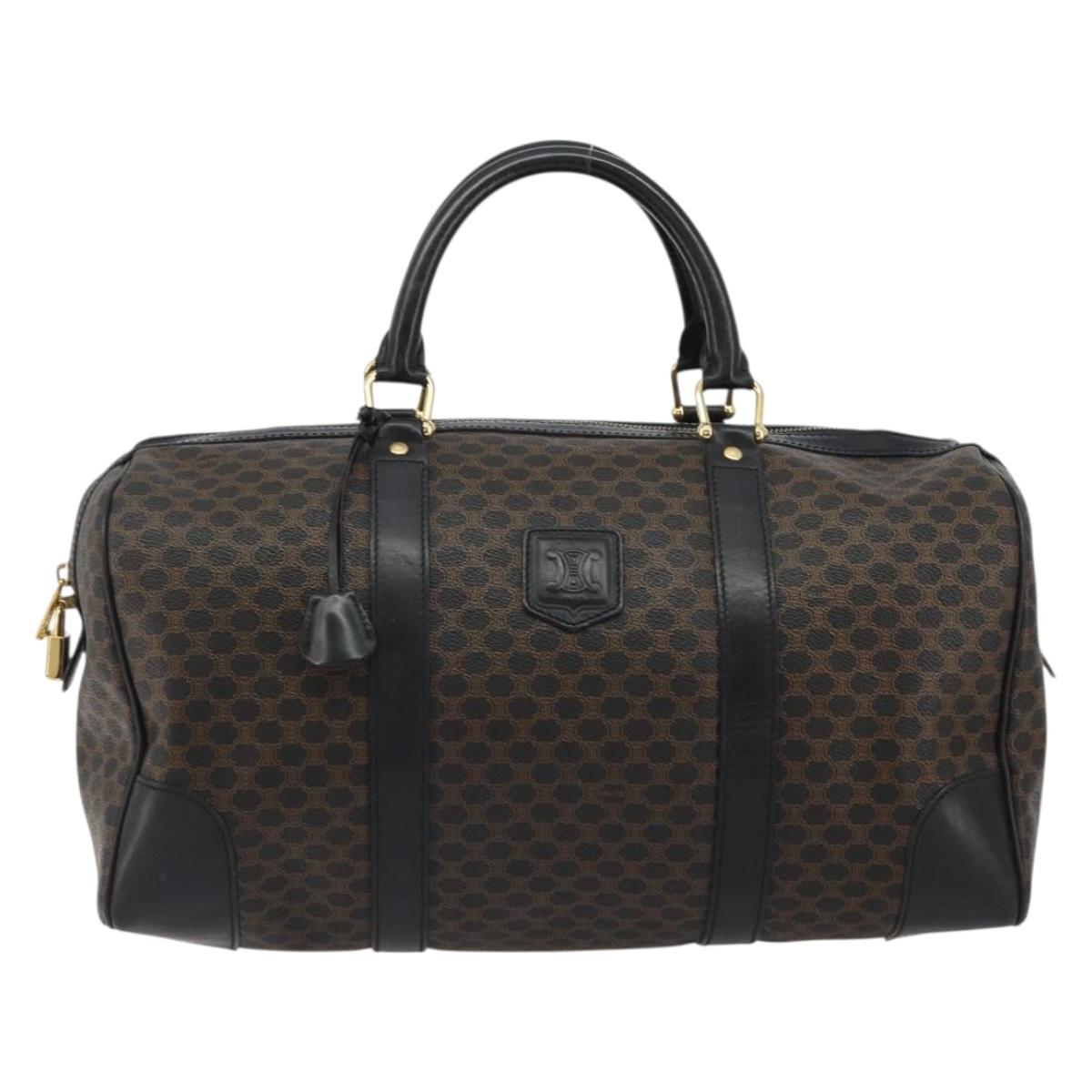 CELINE Macadam Canvas Boston Bag PVC Leather Black Gold Auth 189541A