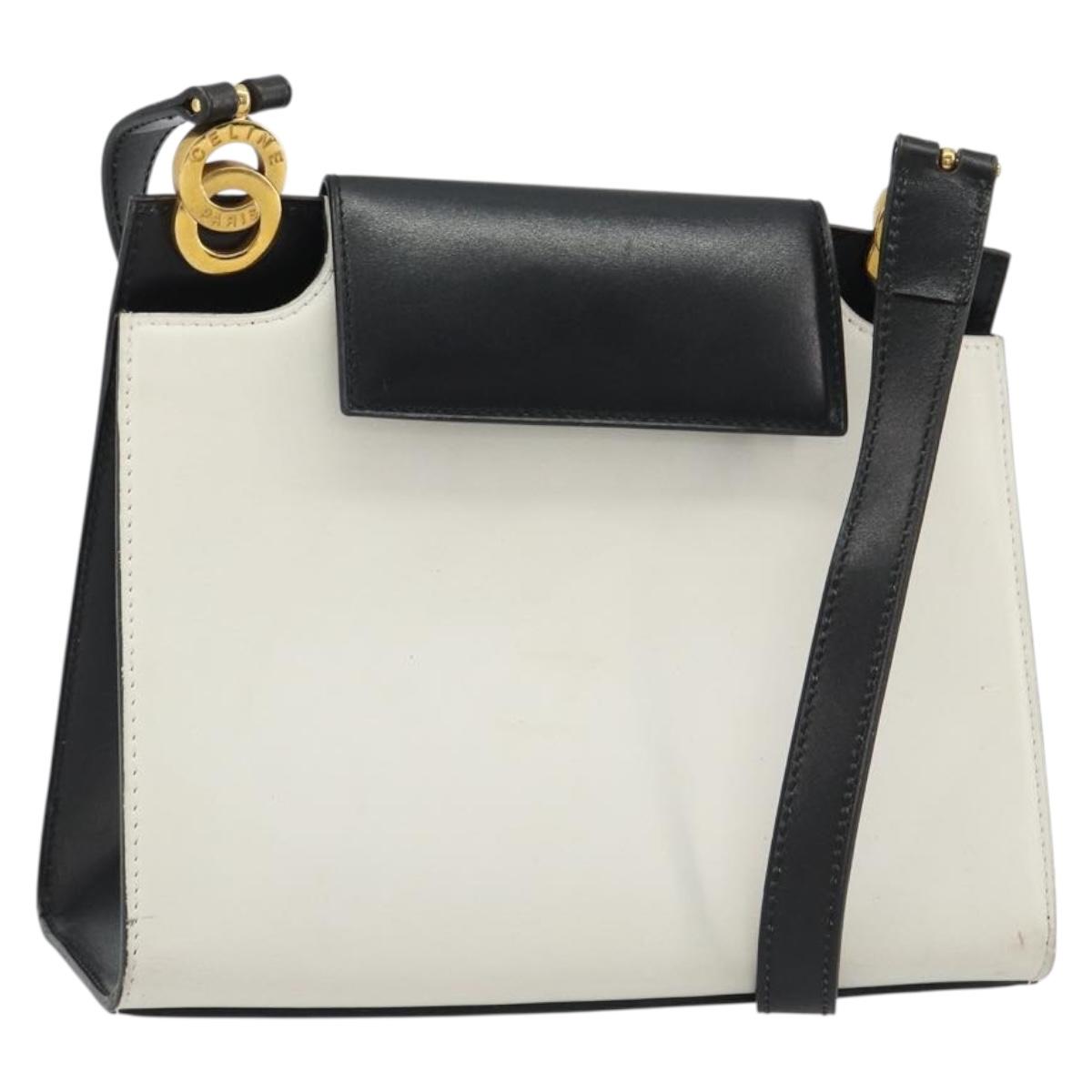 CELINE Circle Shoulder Bag Leather White Gold Auth 189542A