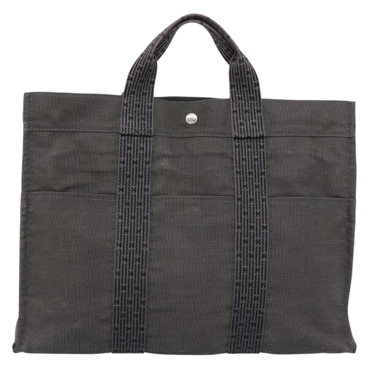 HERMES Her Line MM Hand Bag Canvas Gray Silver Auth 189544