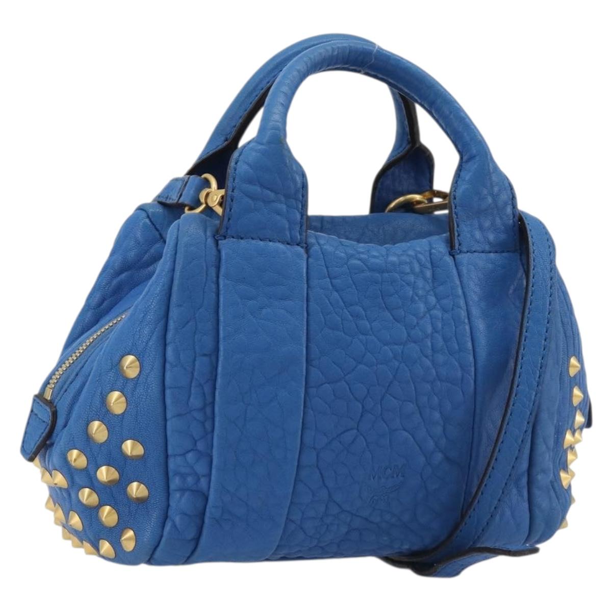 MCM Hand Bag Leather 2way Blue Gold Auth 189551A