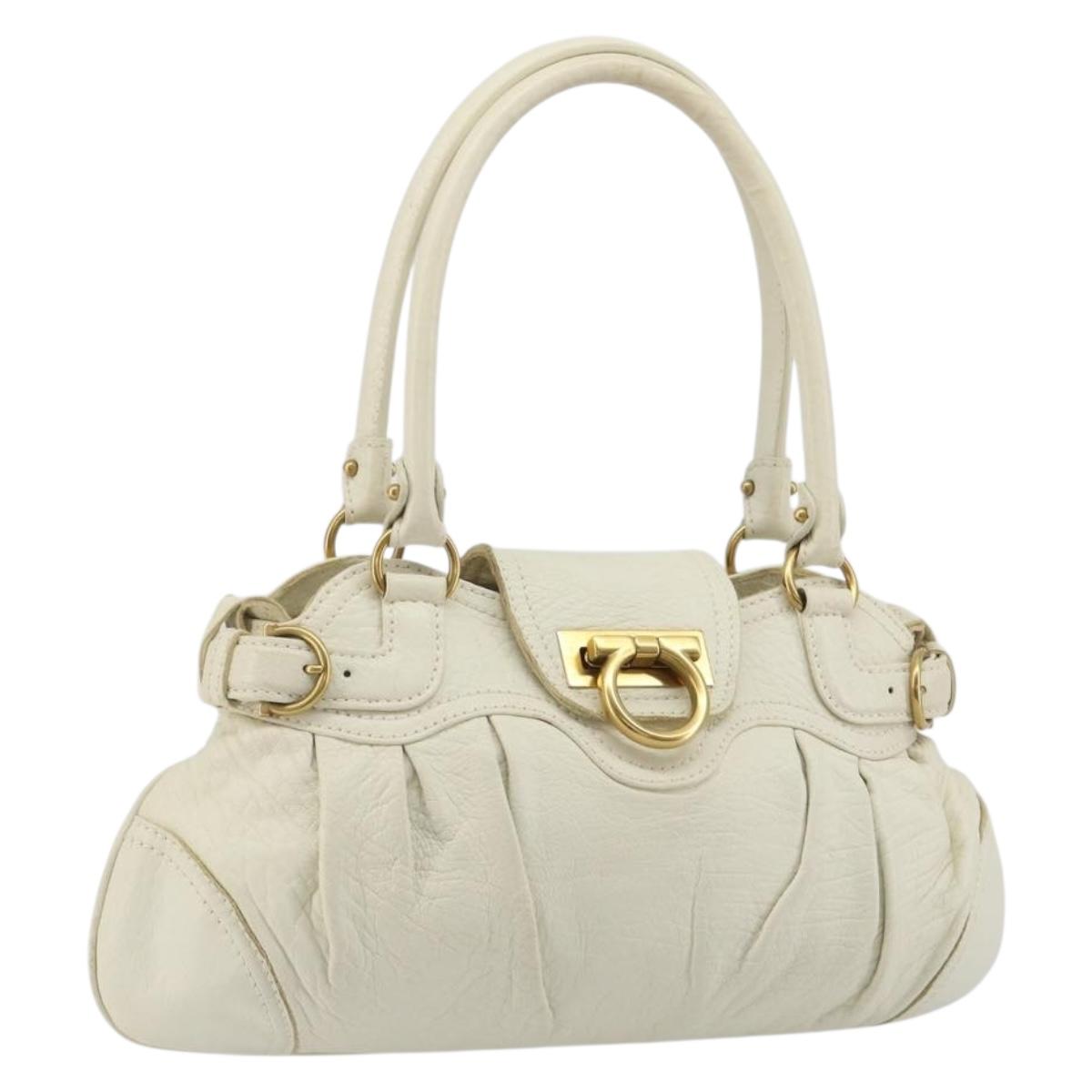 Salvatore Ferragamo Gancini Hand Bag Leather White Champagne Gold Auth 189556