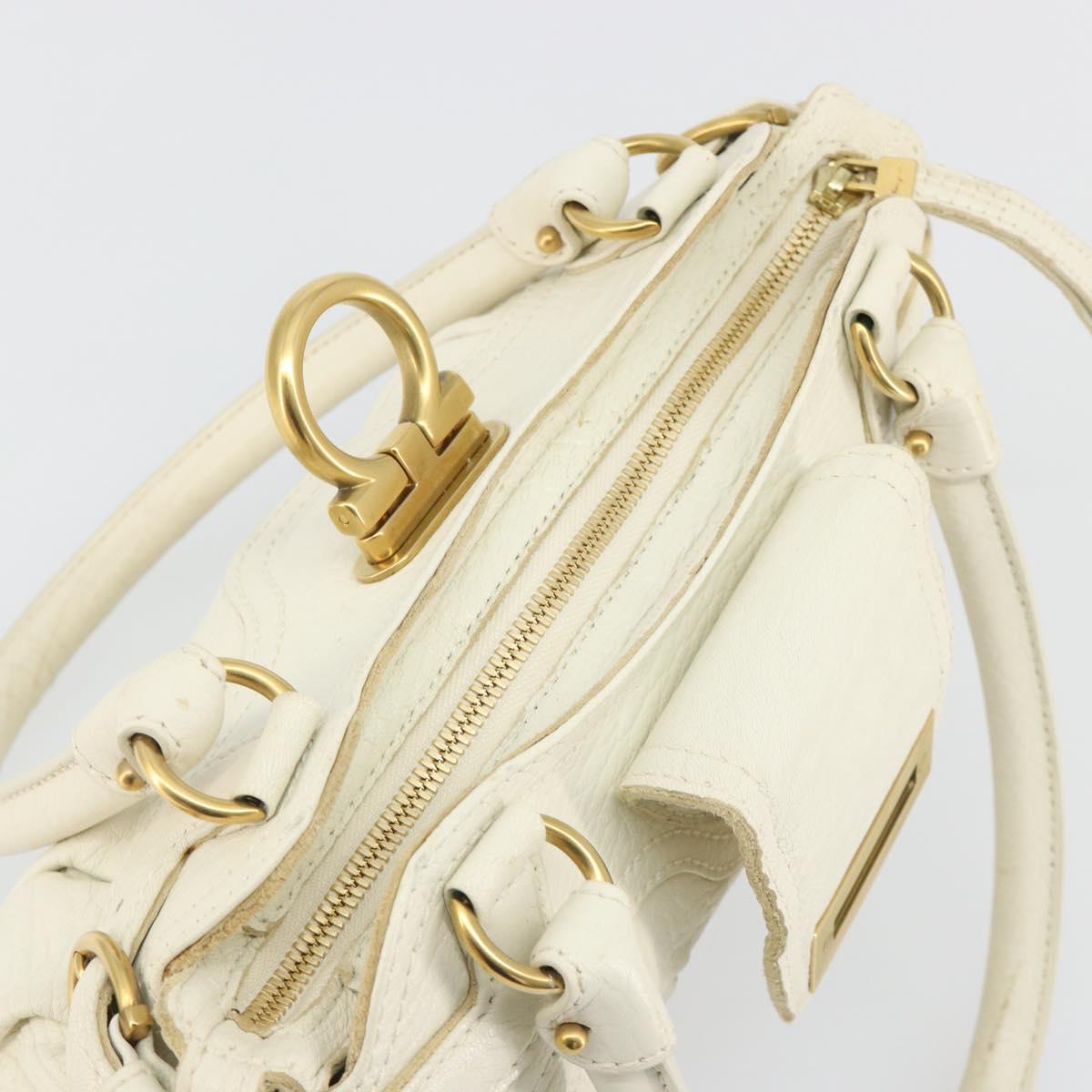 Salvatore Ferragamo Gancini Hand Bag Leather White Champagne Gold Auth 189556