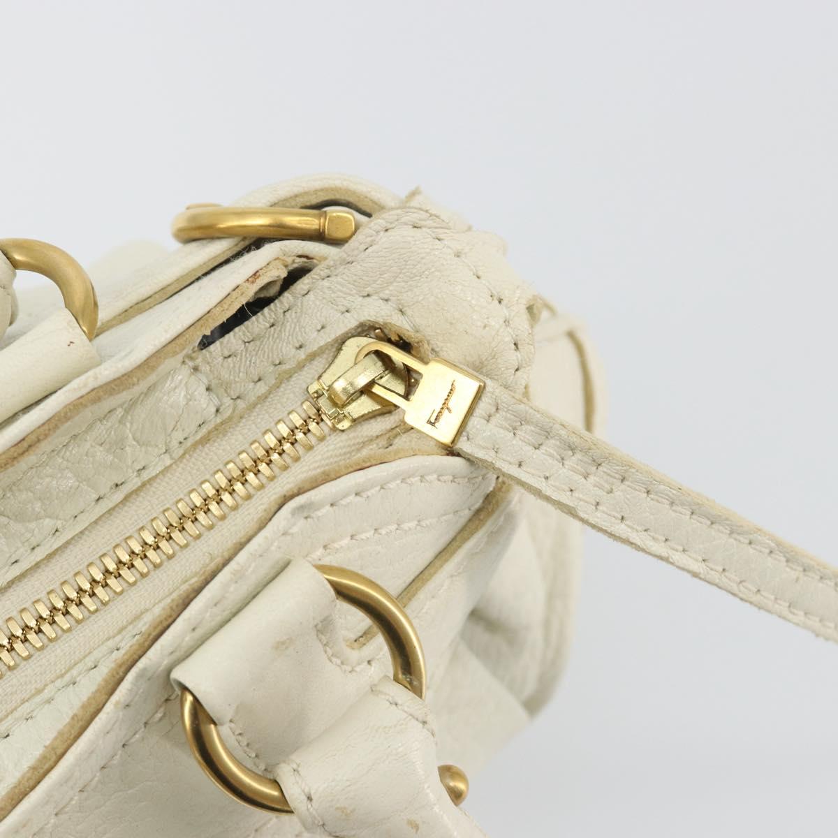 Salvatore Ferragamo Gancini Hand Bag Leather White Champagne Gold Auth 189556