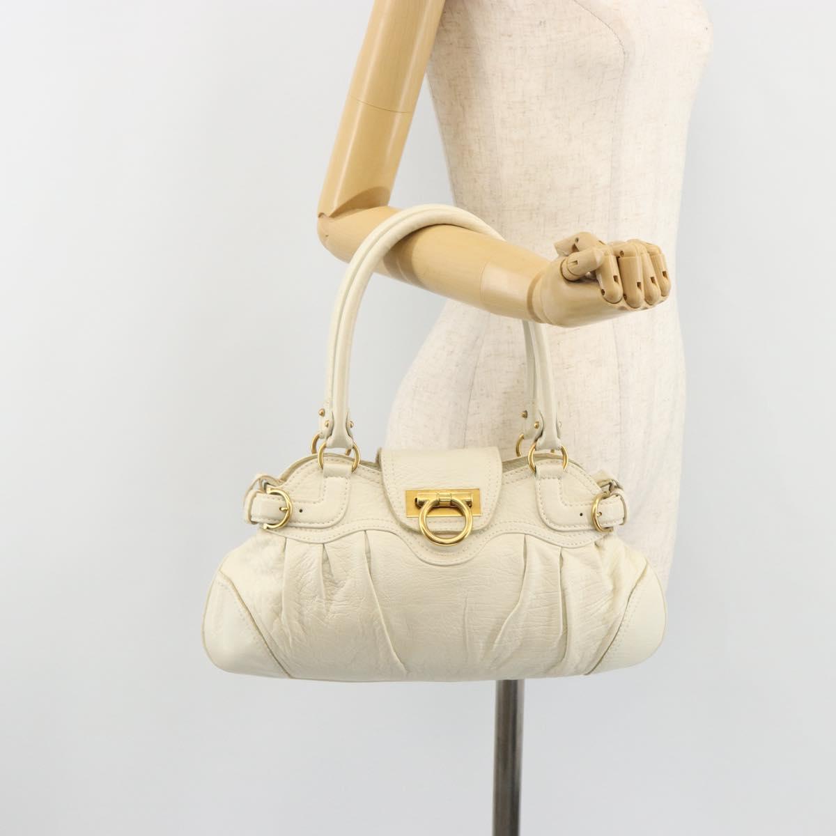 Salvatore Ferragamo Gancini Hand Bag Leather White Champagne Gold Auth 189556