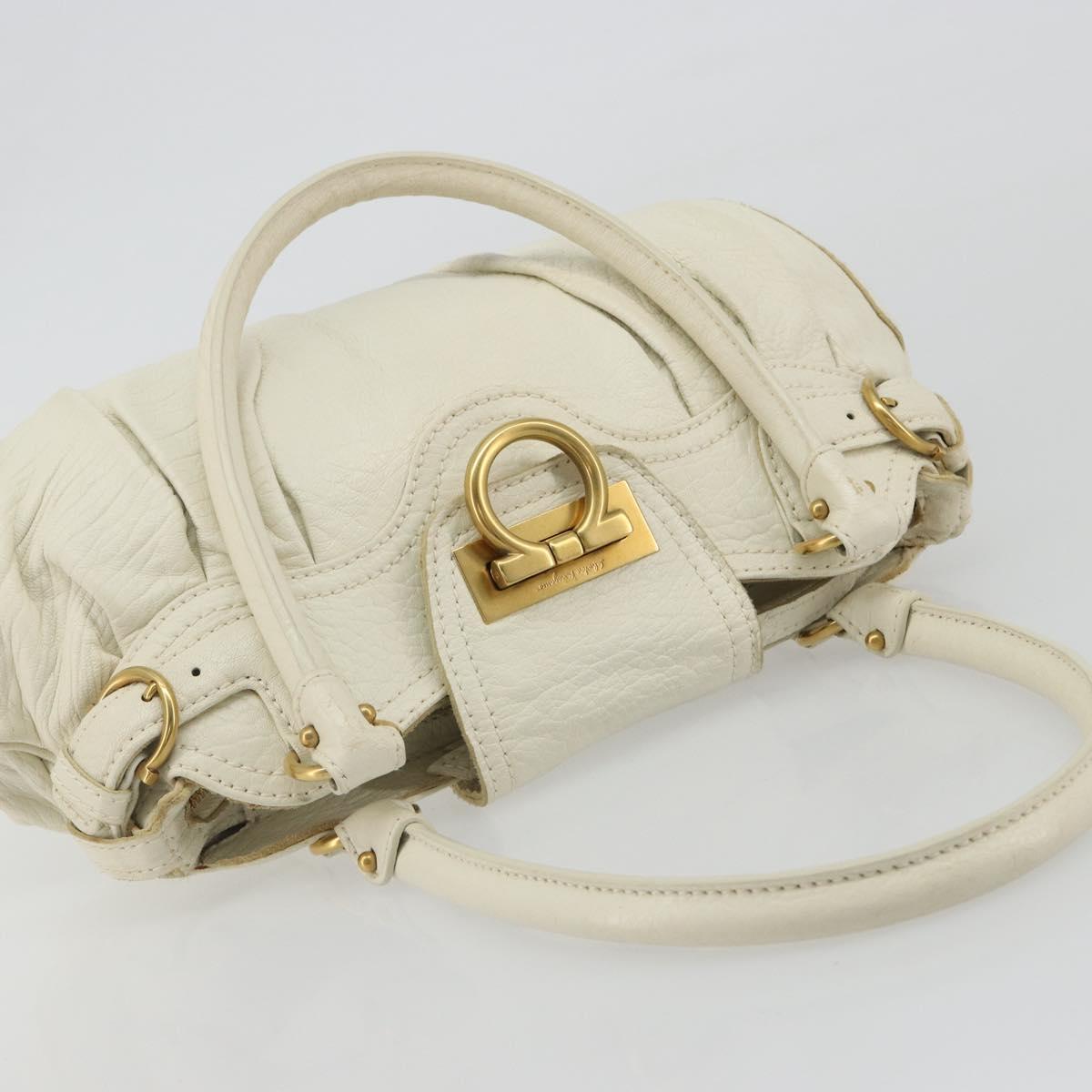 Salvatore Ferragamo Gancini Hand Bag Leather White Champagne Gold Auth 189556