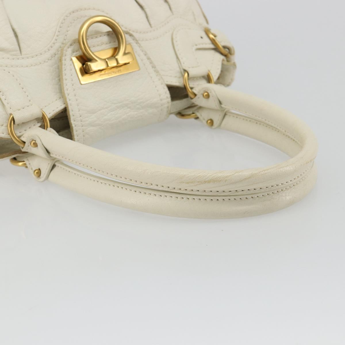 Salvatore Ferragamo Gancini Hand Bag Leather White Champagne Gold Auth 189556