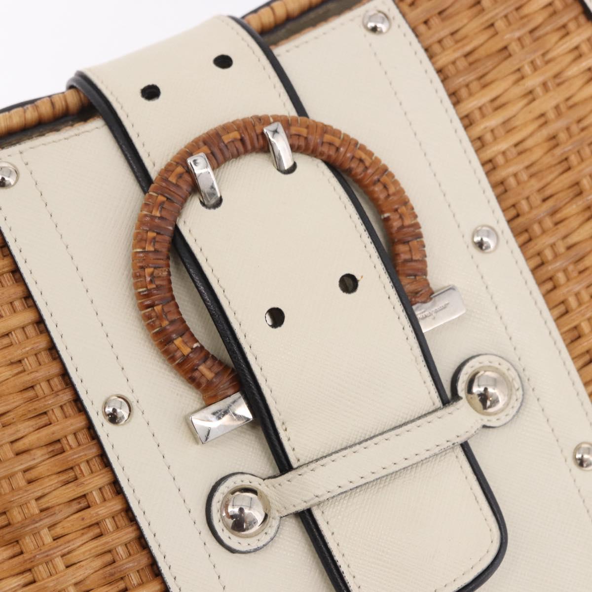 Salvatore Ferragamo Gancini Hand Bag Rattan Beige Silver Auth 189559A