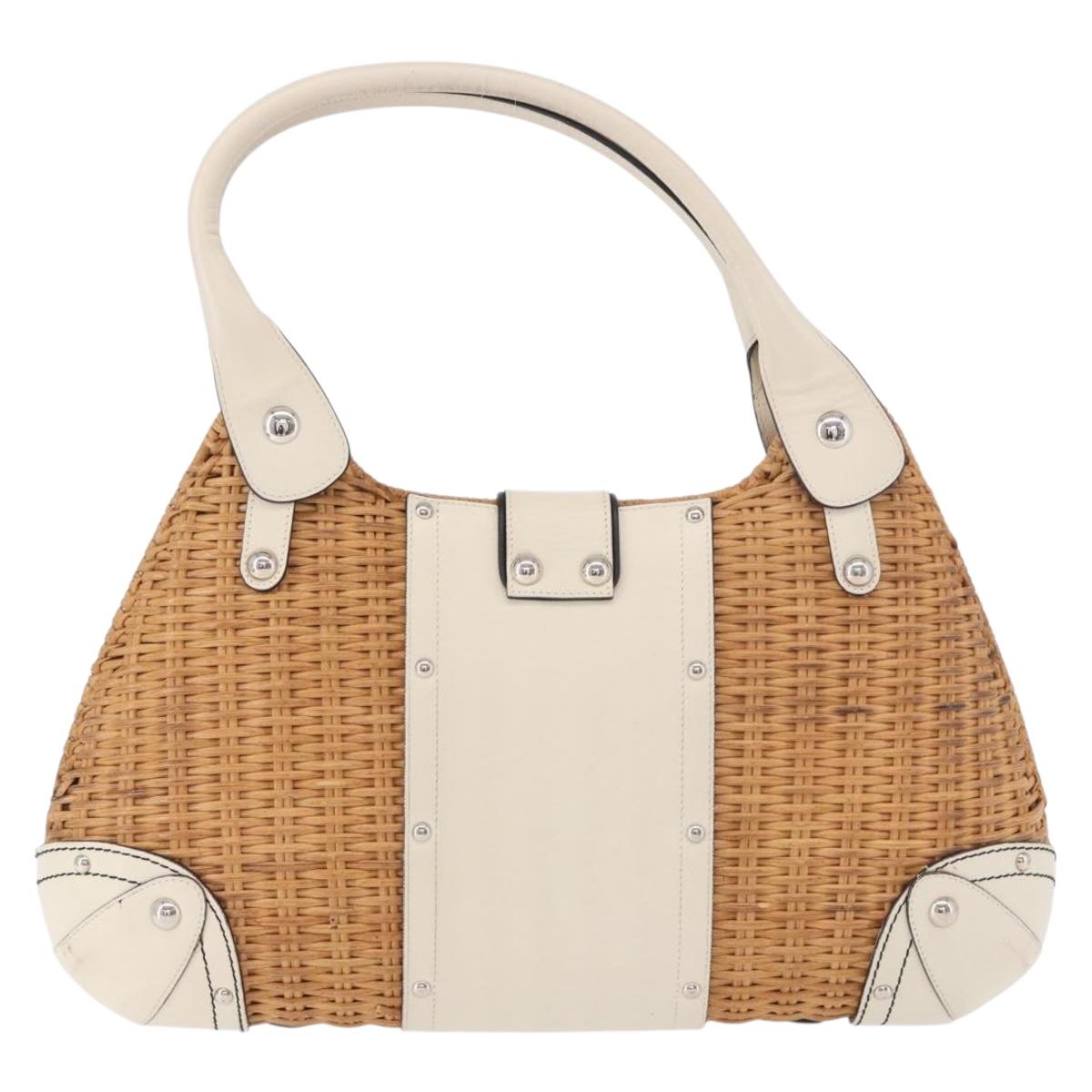 Salvatore Ferragamo Gancini Hand Bag Rattan Beige Silver Auth 189559A
