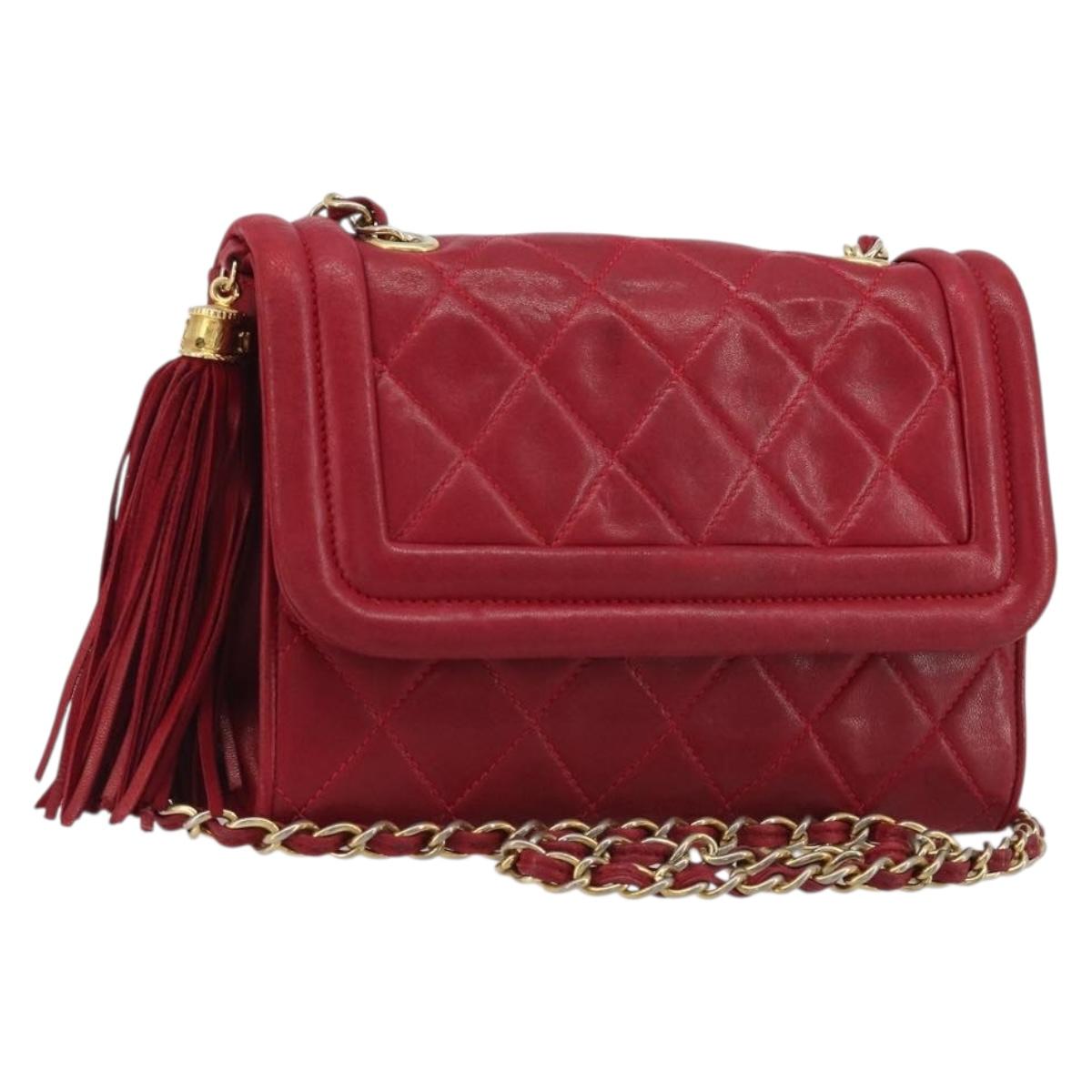 CHANEL Matelasse Chain Shoulder Bag Lamb Skin Red Gold CC Auth 189561