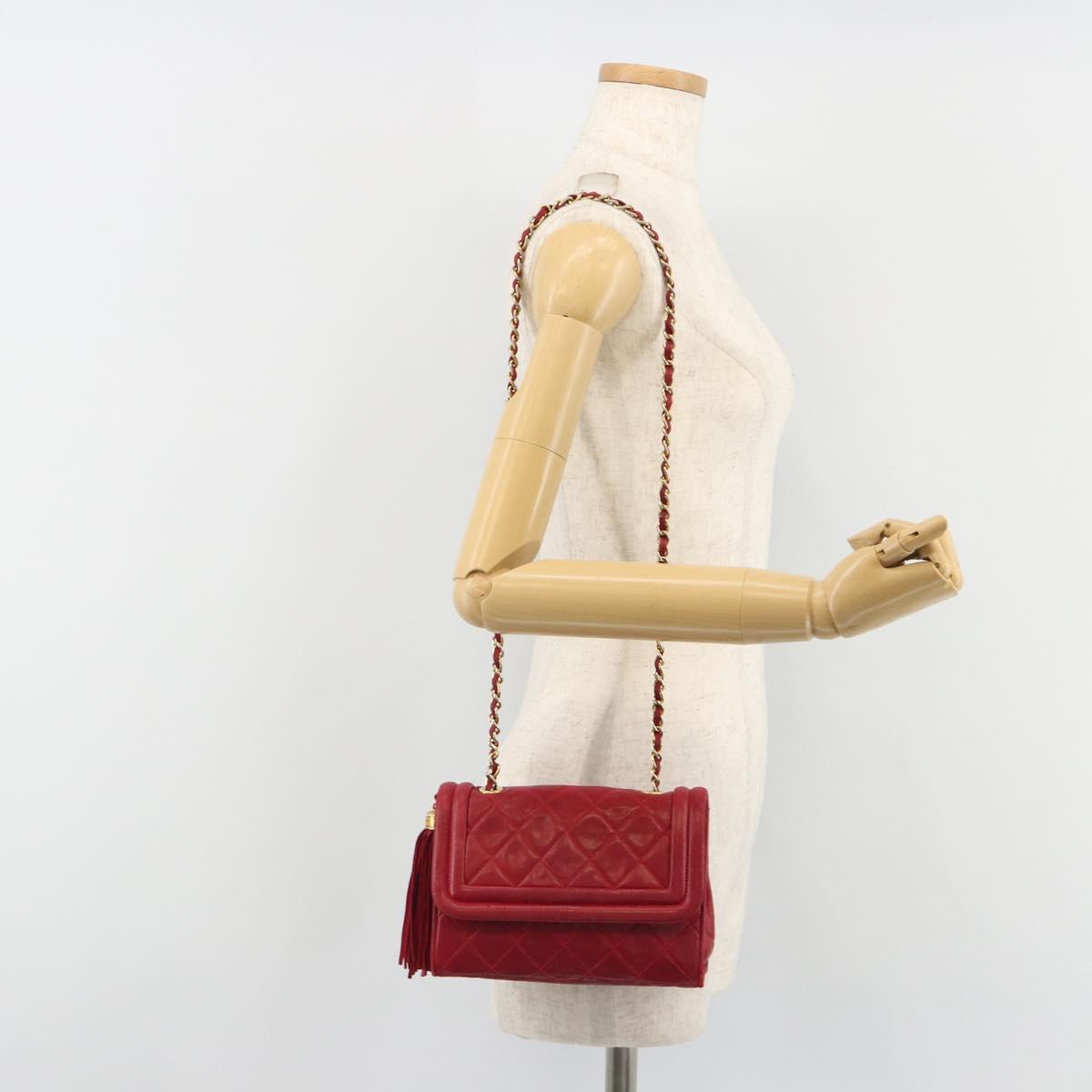 CHANEL Matelasse Chain Shoulder Bag Lamb Skin Red Gold CC Auth 189561