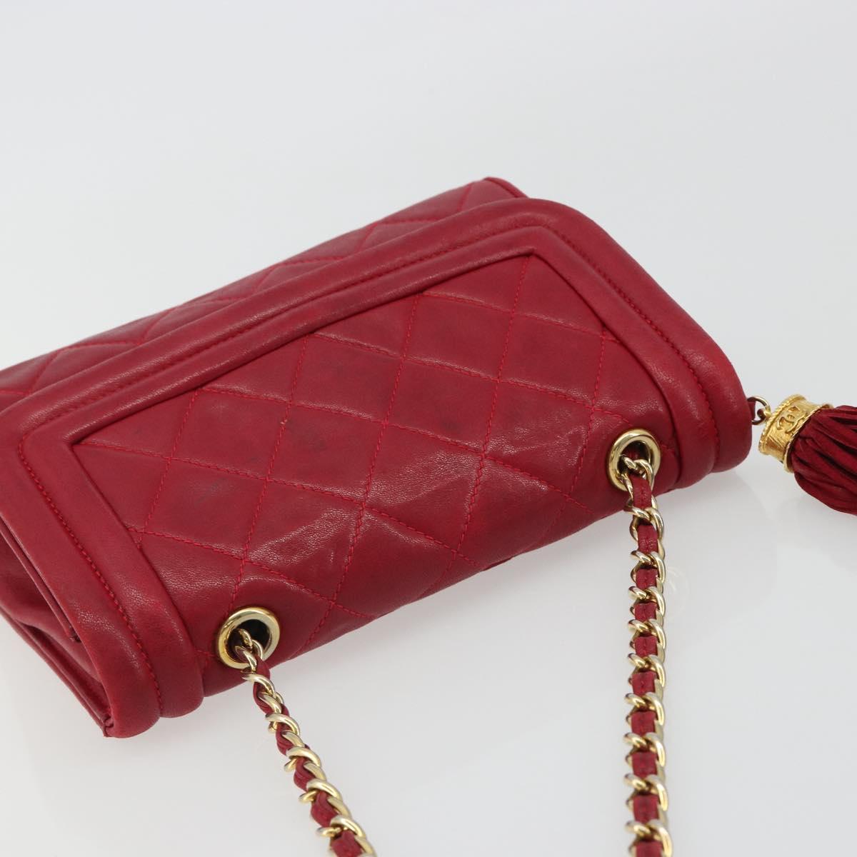 CHANEL Matelasse Chain Shoulder Bag Lamb Skin Red Gold CC Auth 189561