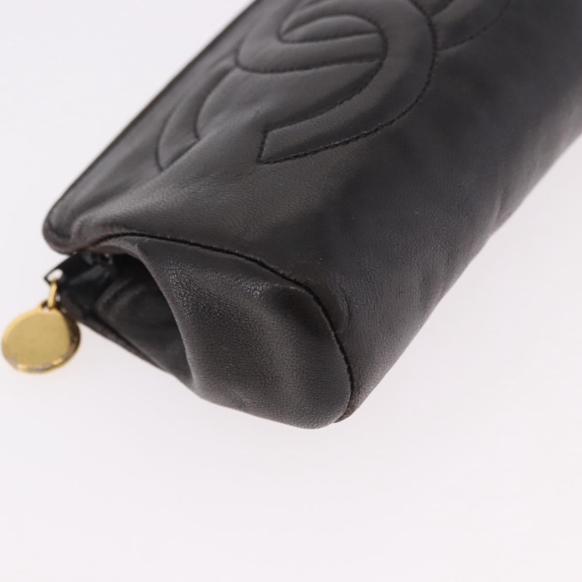 CHANEL COCO Mark Pouch Leather Black Gold CC Auth 189572