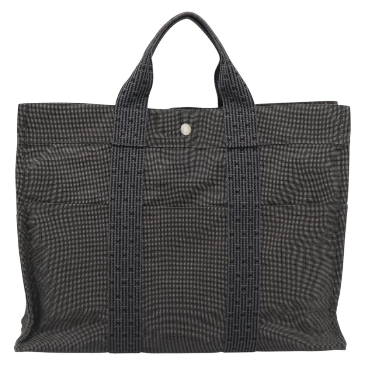 HERMES Her Line MM Hand Bag Canvas Gray Silver Auth 189583