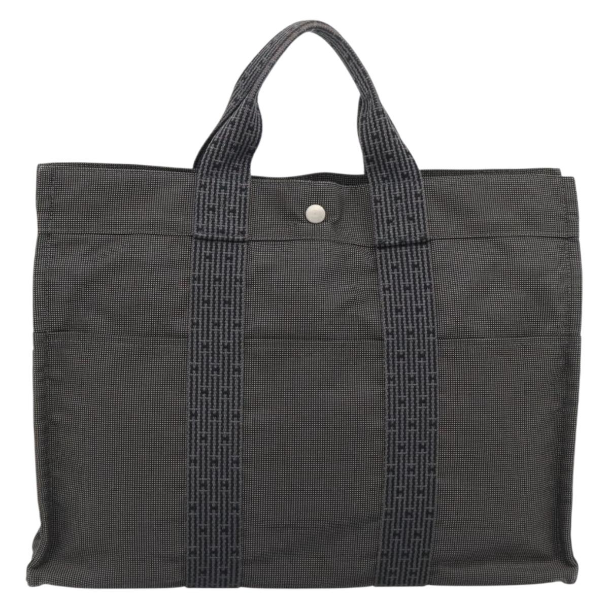 HERMES Her Line MM Hand Bag Canvas Gray Silver Auth 189583