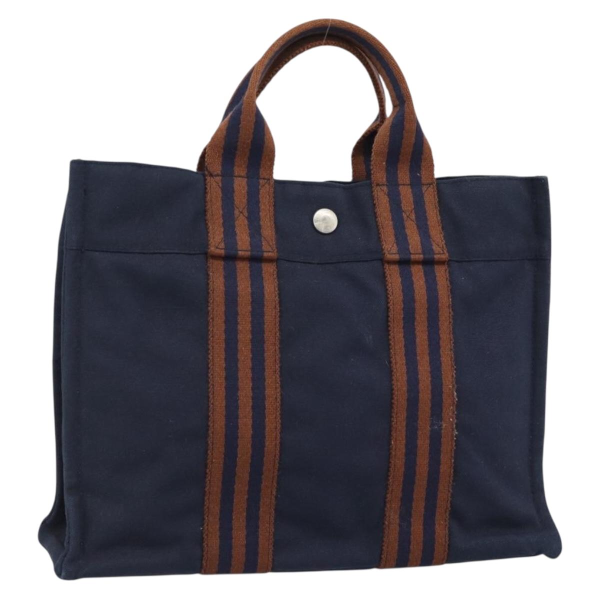 HERMES New Fourre Tout PM Hand Bag Canvas Navy Silver Auth 189604