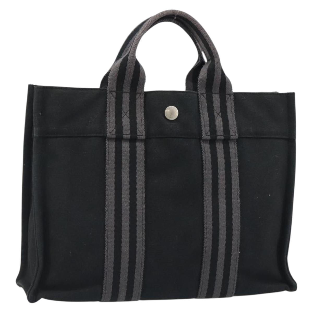 HERMES Fourre ToutPM Hand Bag Canvas Black Silver Auth 189605