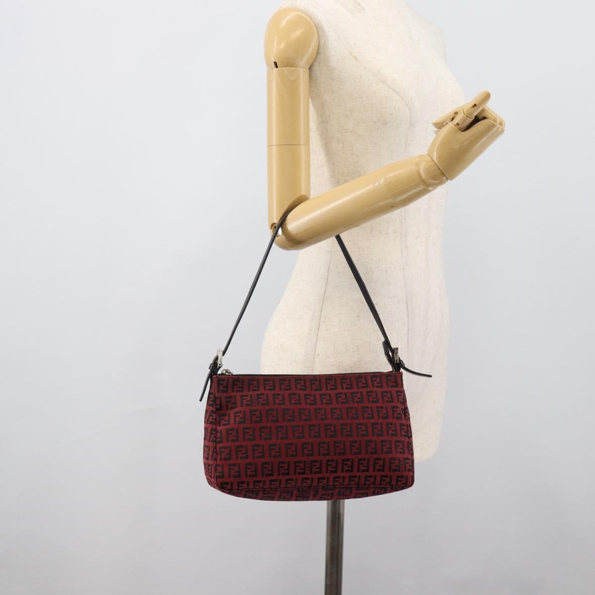 FENDI Zucchino Canvas Shoulder Bag Red Silver Auth 189614