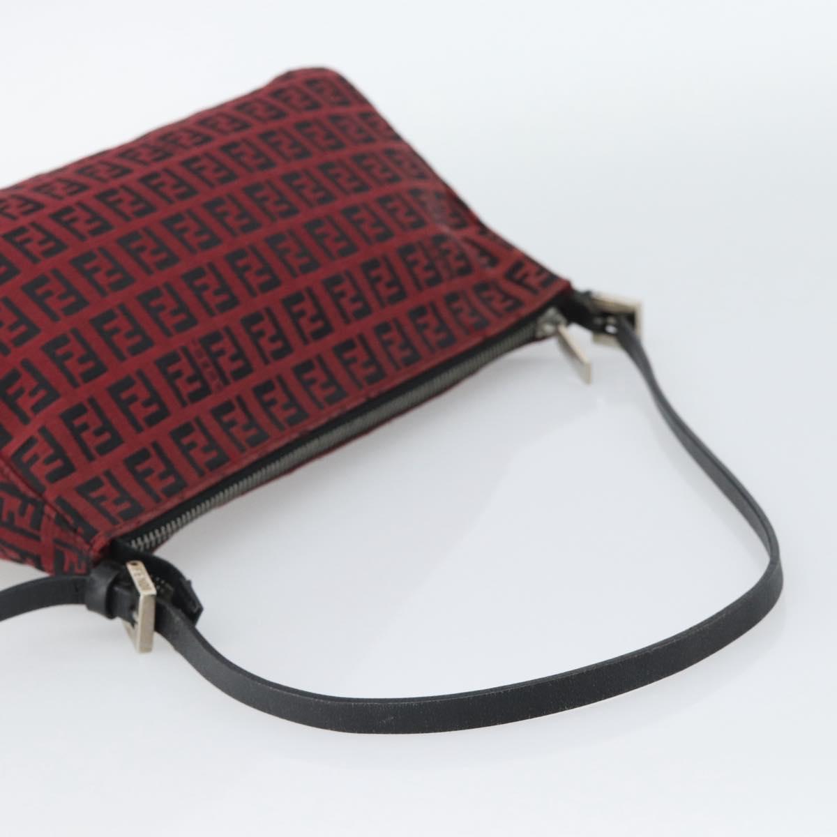 FENDI Zucchino Canvas Shoulder Bag Red Silver Auth 189614