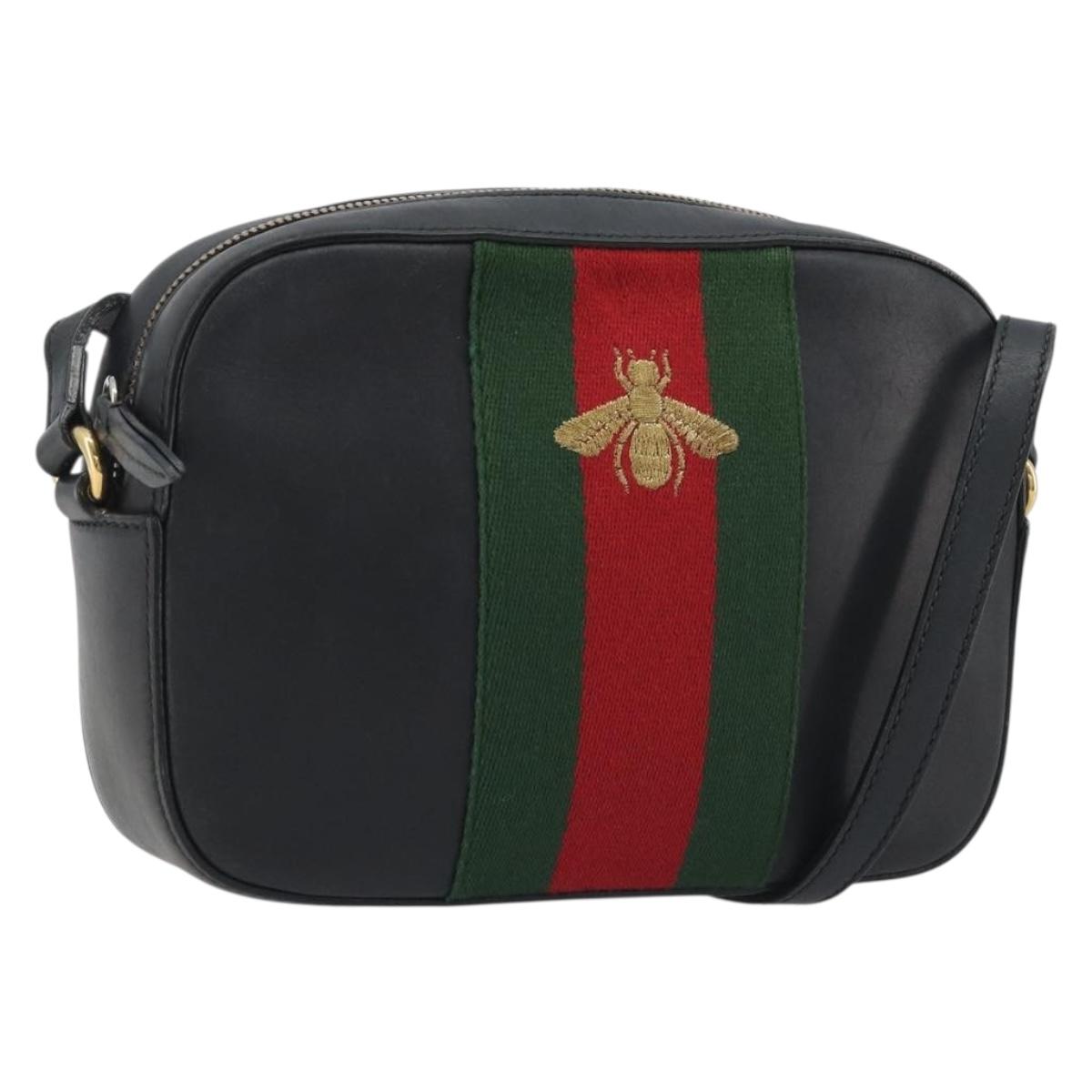 GUCCI Bee Shoulder Bag Leather Navy Gold 412008 Auth 189620