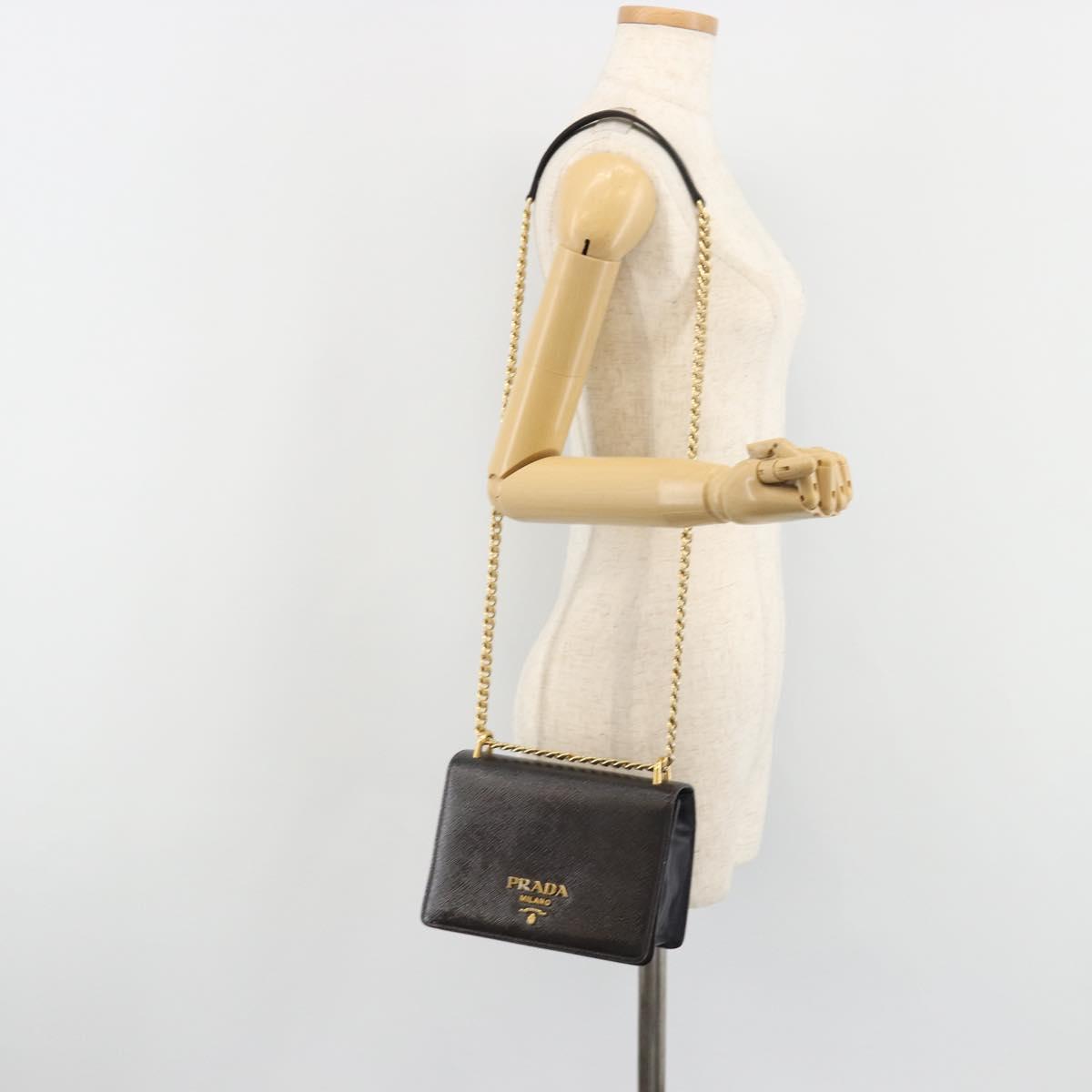 PRADA Chain Shoulder Bag Saffiano Leather Black Gold Auth 189622A