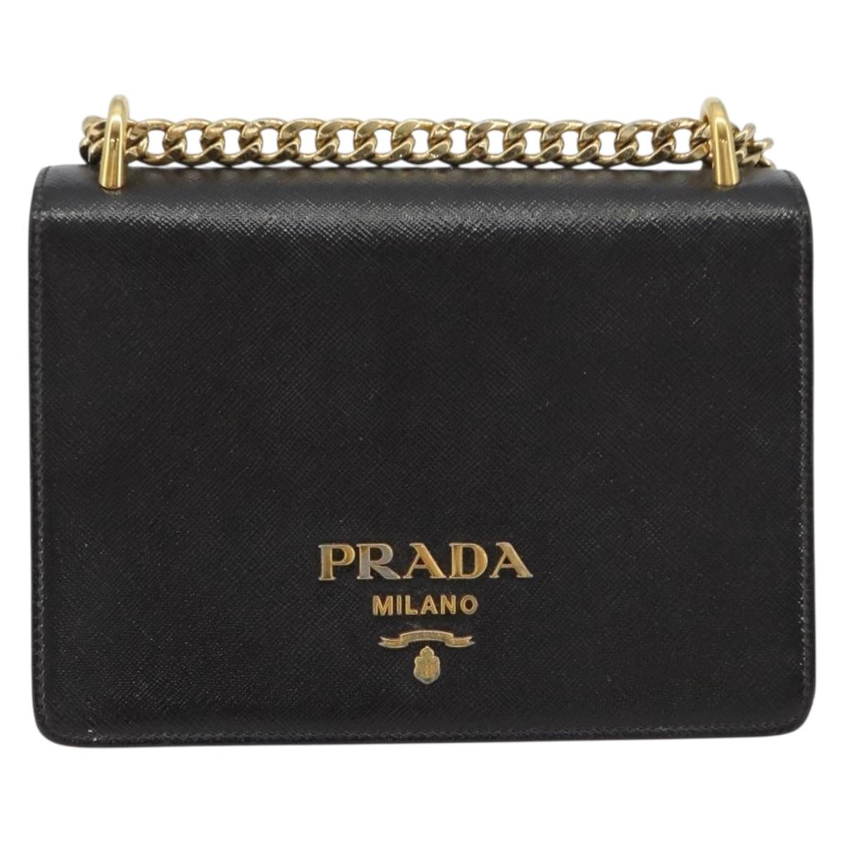 PRADA Chain Shoulder Bag Saffiano Leather Black Gold Auth 189622A