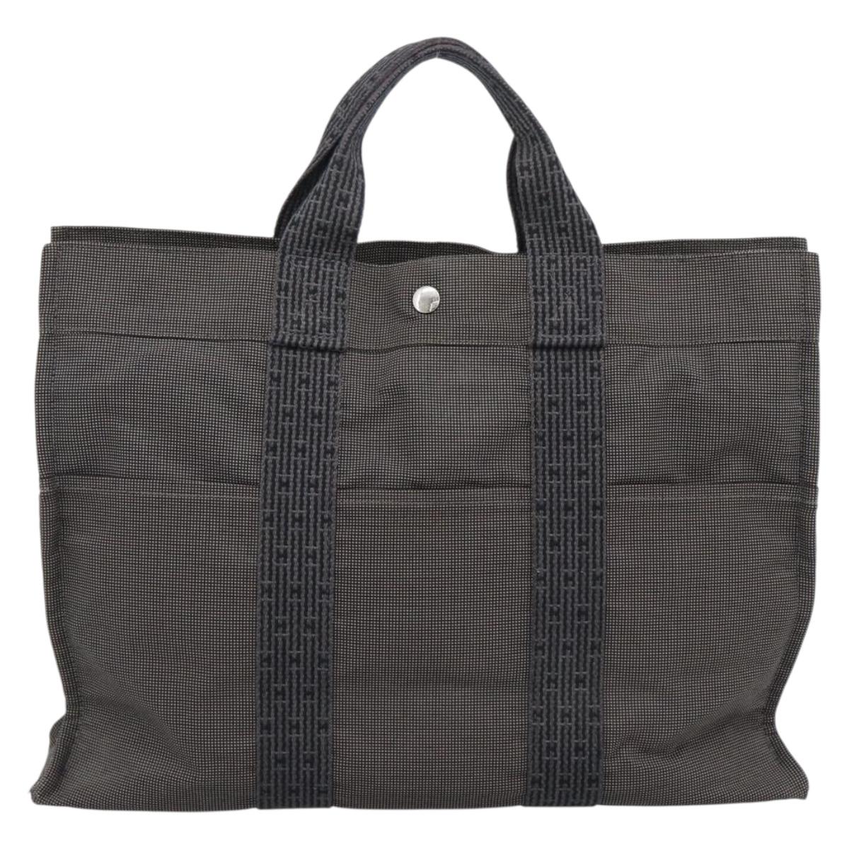 HERMES Her Line MM Hand Bag Canvas Gray Silver Auth 189625