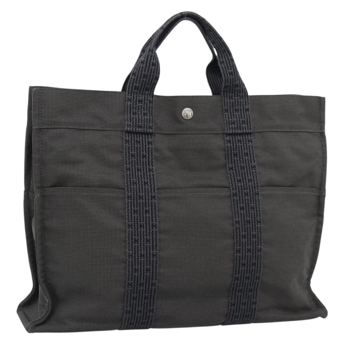 HERMES Her Line MM Hand Bag Canvas Gray Silver Auth 189626