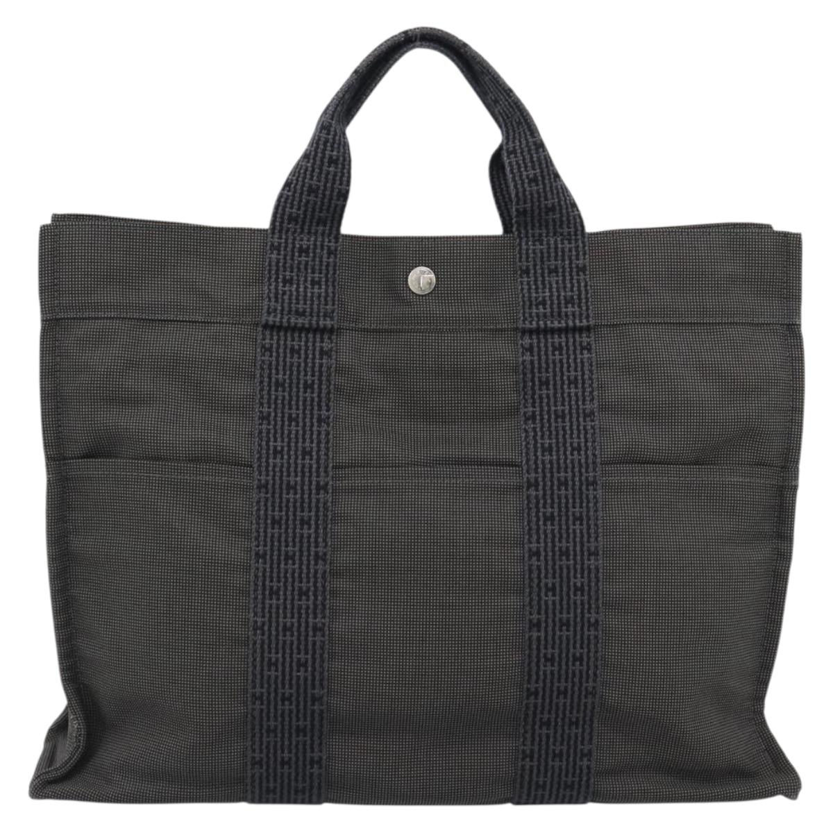 HERMES Her Line MM Hand Bag Canvas Gray Silver Auth 189626