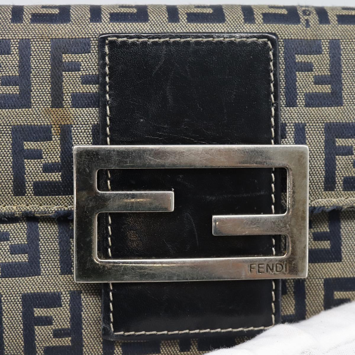 FENDI Zucchino Canvas Mamma Baguette Long Wallet Navy Silver Auth 189643