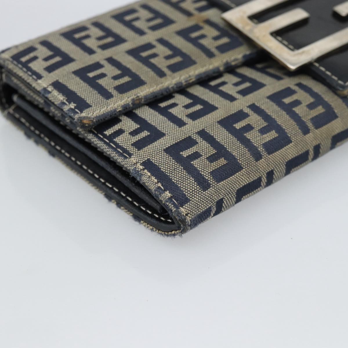 FENDI Zucchino Canvas Mamma Baguette Long Wallet Navy Silver Auth 189643