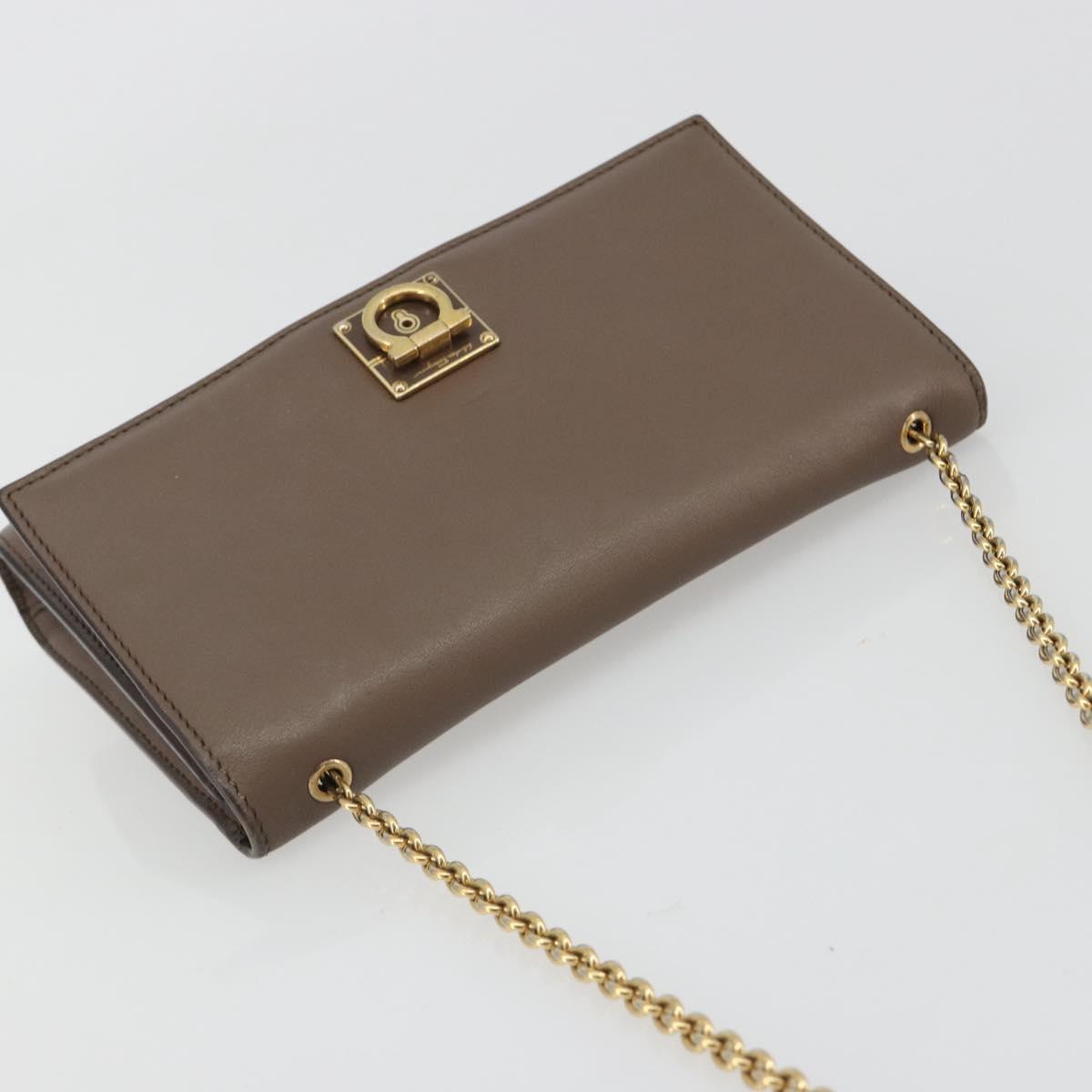 Salvatore Ferragamo Gancini Chain Shoulder Bag Leather Gray Gold Auth 189649