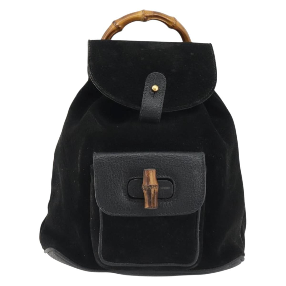 GUCCI Bamboo Backpack Suede Black Gold 003 1705 0030 Auth 189651