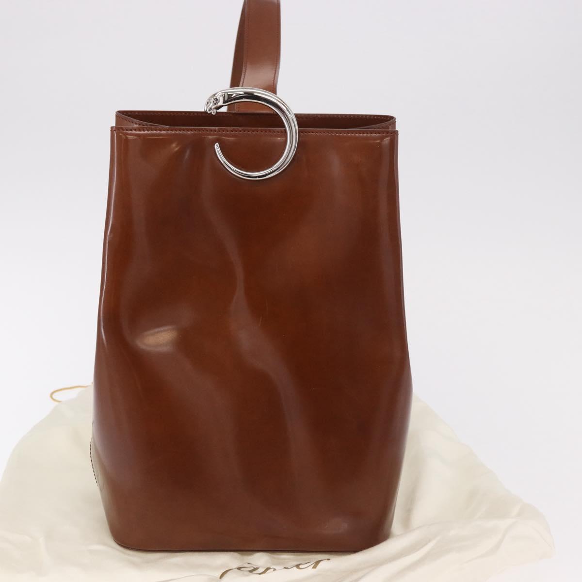 CARTIER PANTHERE Shoulder Bag Patent Leather Brown Silver Auth 189661
