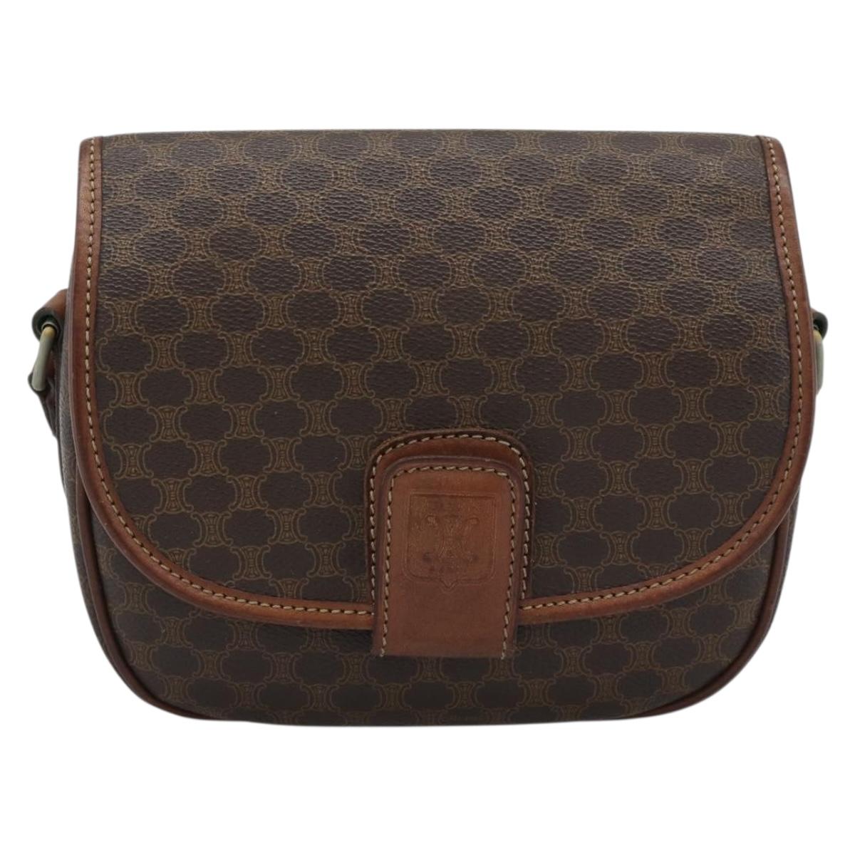 CELINE Macadam Canvas Shoulder Bag PVC Leather Brown Gold Auth 189670