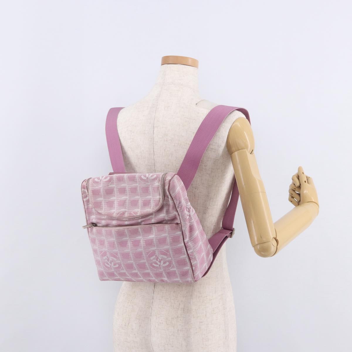 CHANEL New Travel Line Backpack Canvas 2way Pink Silver CC Auth 189678A