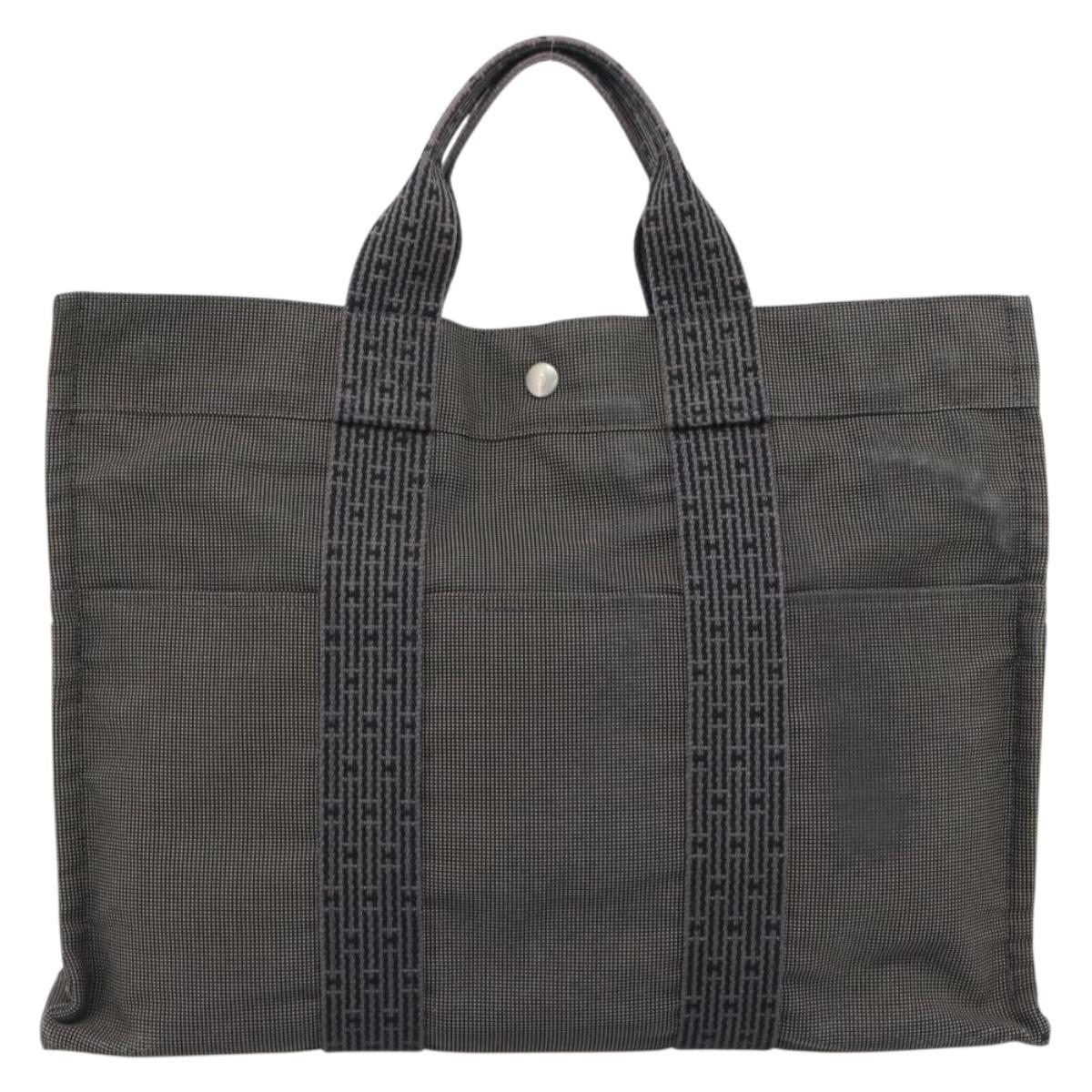 HERMES Her Line MM Hand Bag Canvas Gray Silver Auth 189685