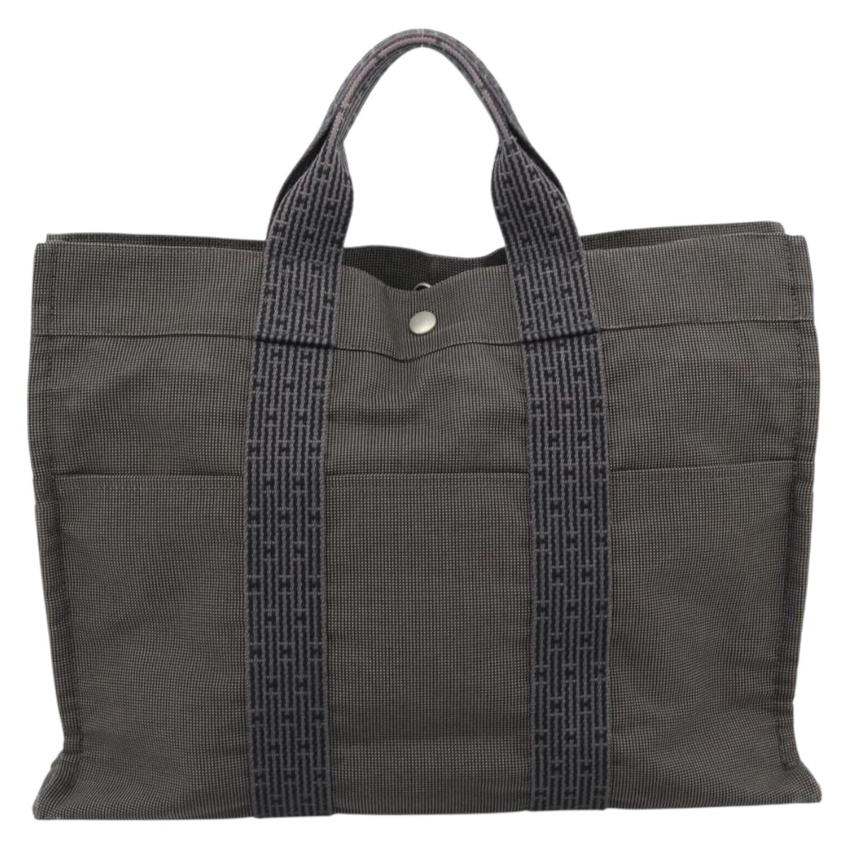 HERMES Her Line MM Hand Bag Canvas Gray Silver Auth 189685