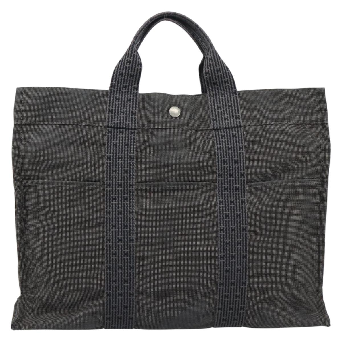 HERMES Her Line MM Hand Bag Canvas Gray Silver Auth 189686