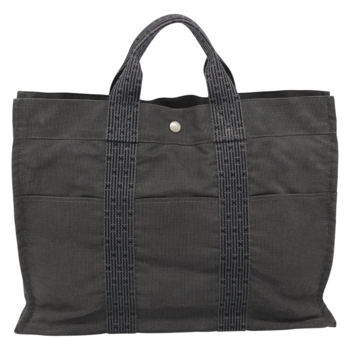 HERMES Her Line MM Hand Bag Canvas Gray Silver Auth 189686