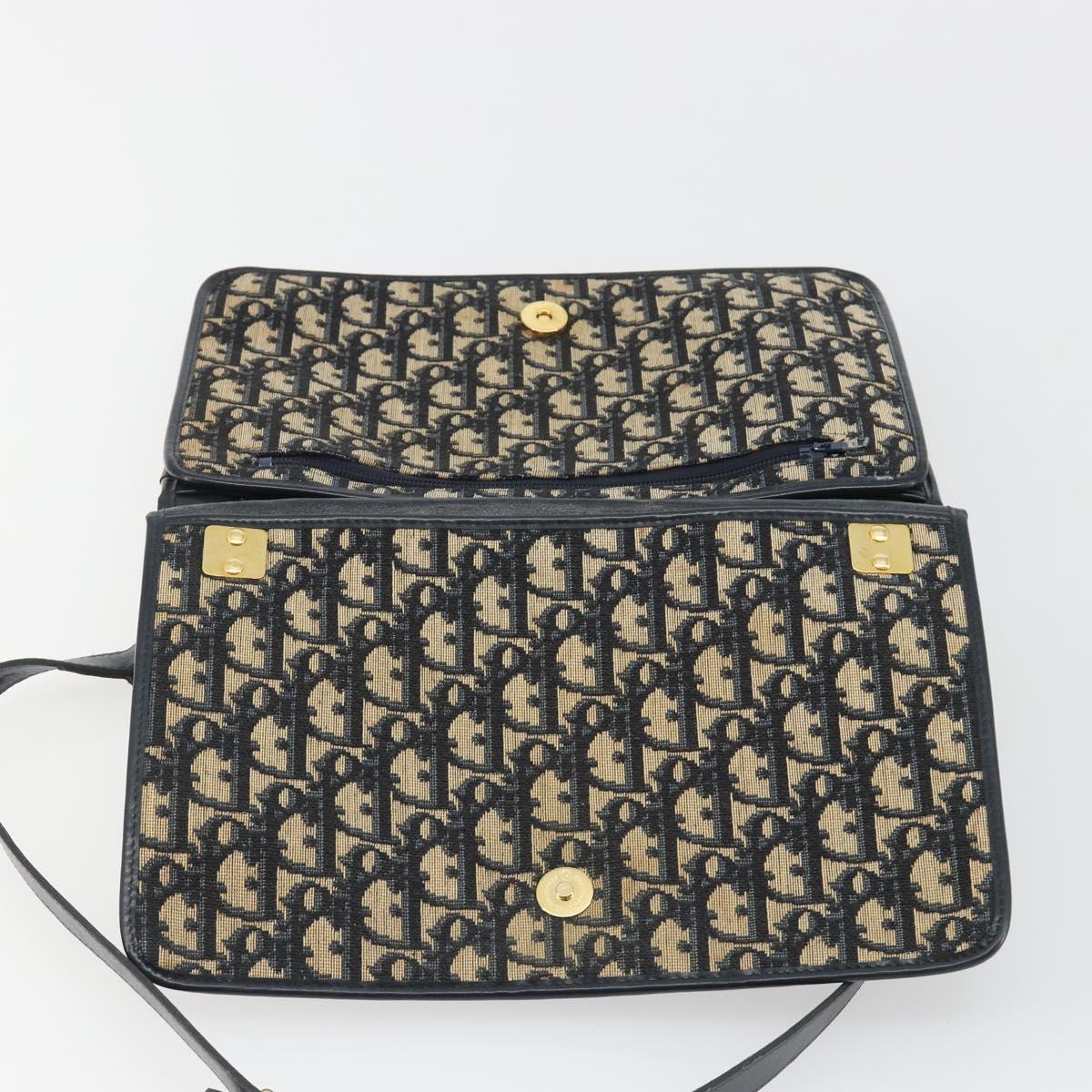 Christian Dior Trotter Canvas Shoulder Bag Navy Gold Auth 189692