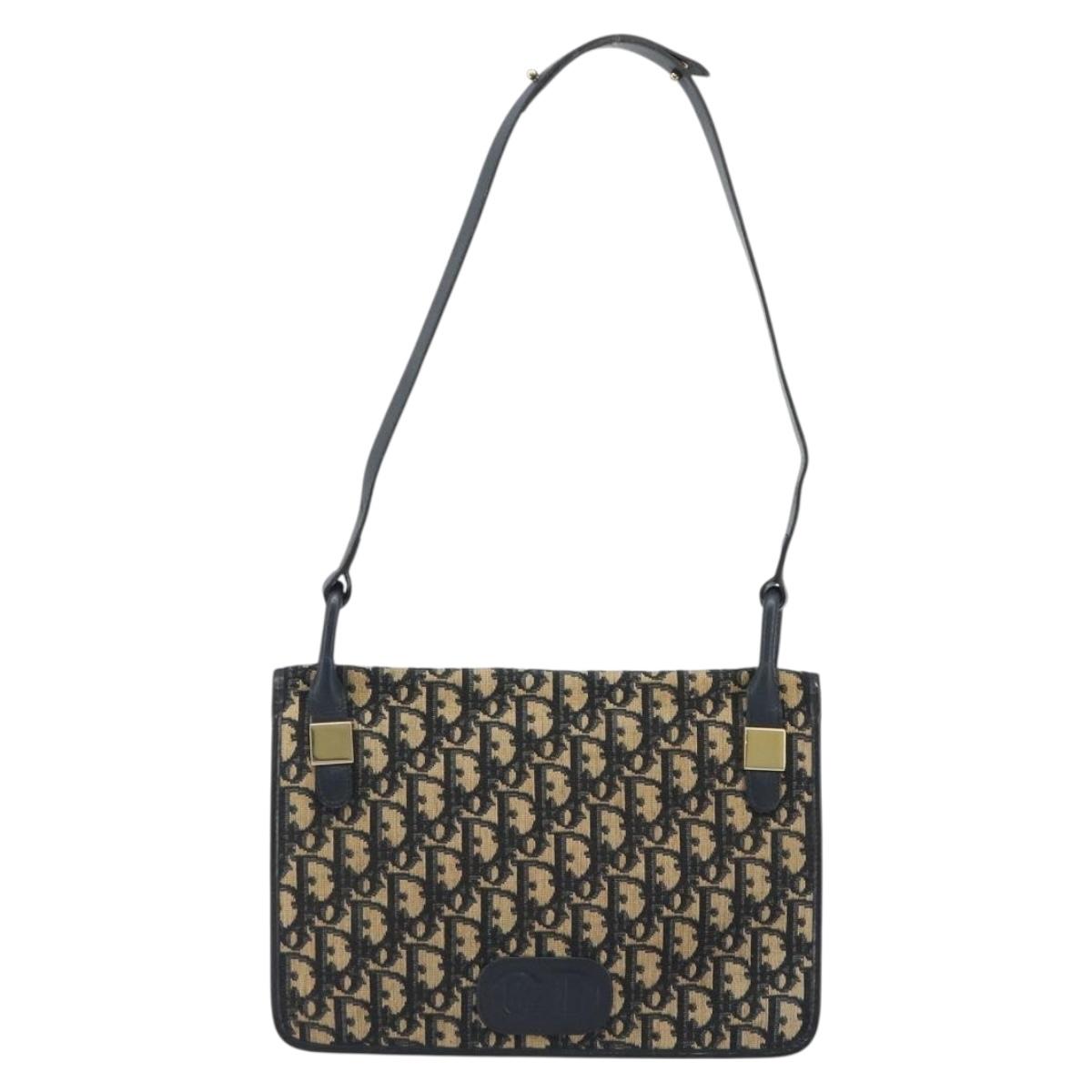 Christian Dior Trotter Canvas Shoulder Bag Navy Gold Auth 189692