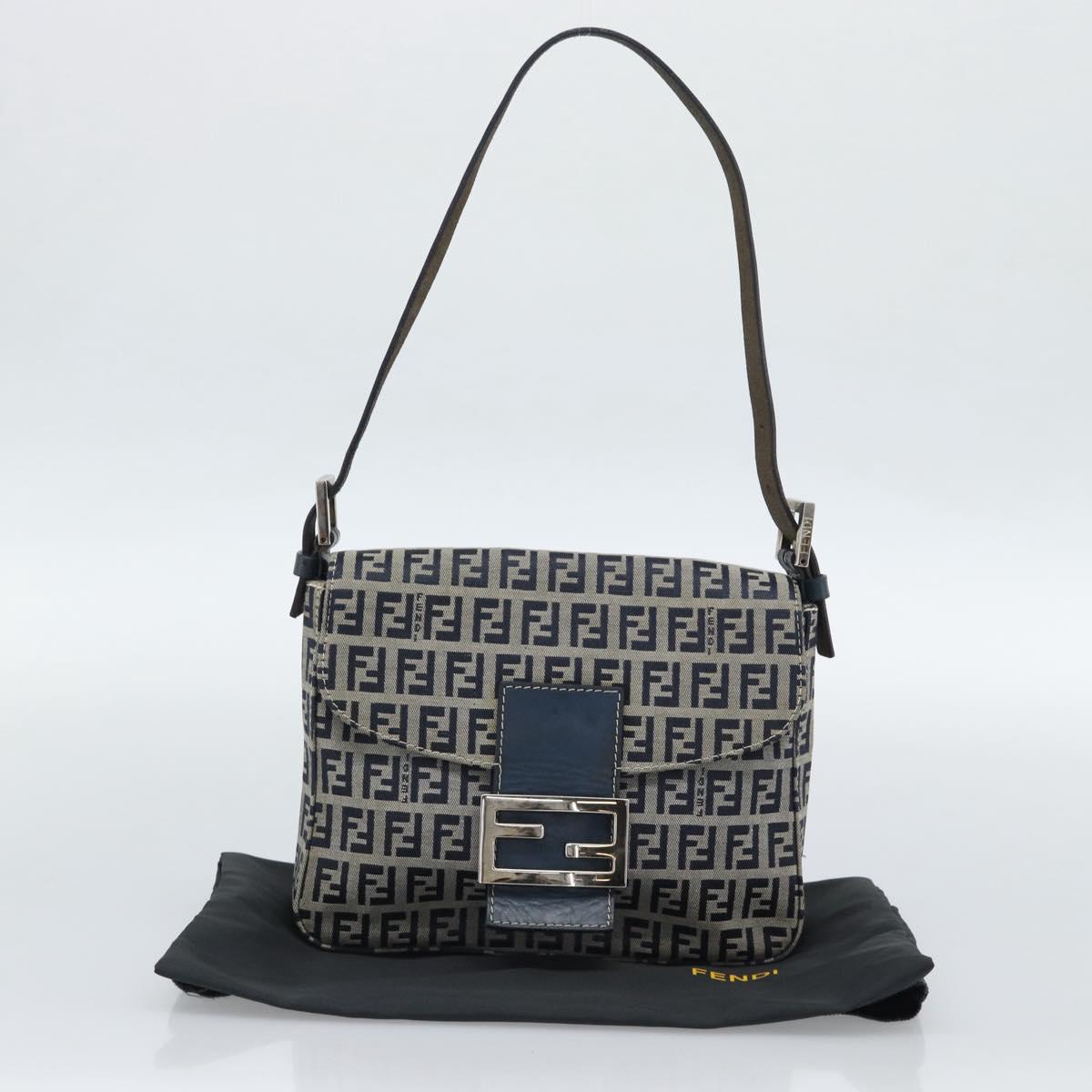 FENDI Zucchino Canvas Mamma Baguette Shoulder Bag Navy Silver Auth 189693V
