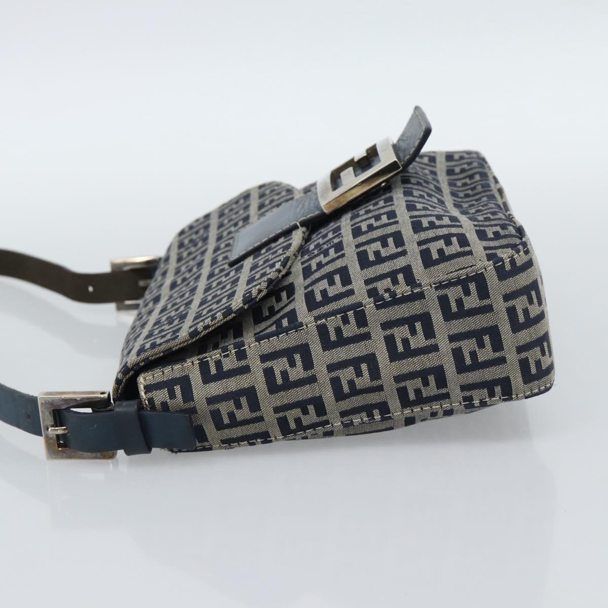 FENDI Zucchino Canvas Mamma Baguette Shoulder Bag Navy Silver Auth 189693V