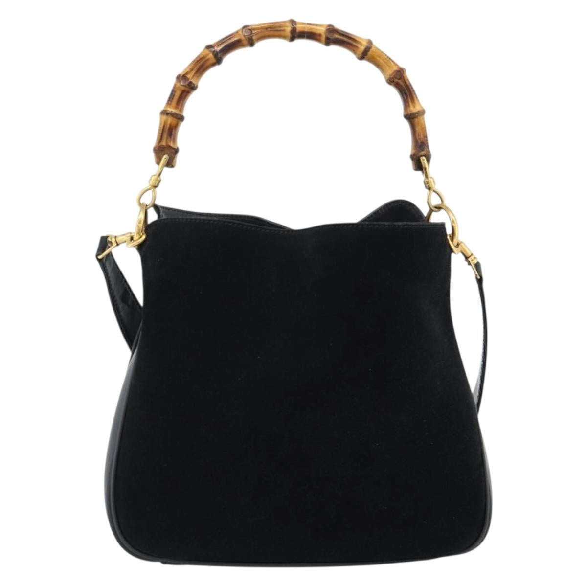 GUCCI Bamboo Shoulder Bag Suede 2way Black Gold 0013754 1638 Auth 189697