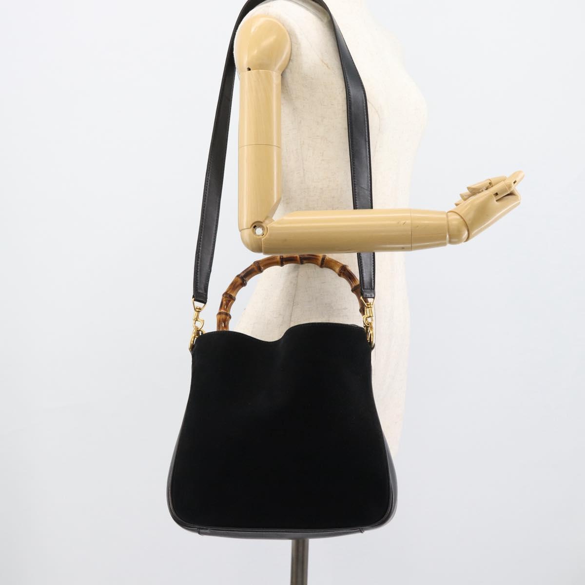 GUCCI Bamboo Shoulder Bag Suede 2way Black Gold 0013754 1638 Auth 189697